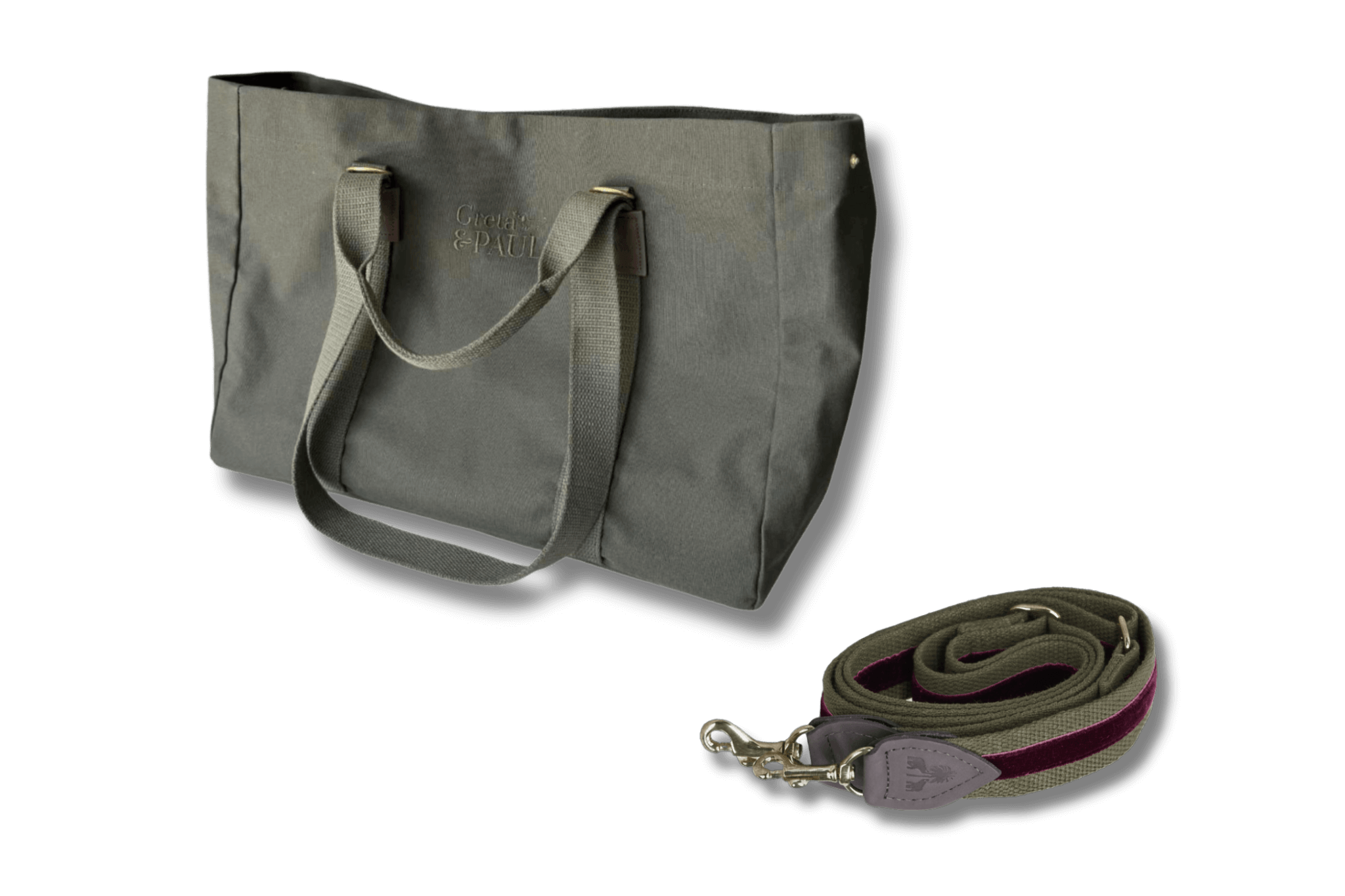 Khakifarbener Greta & PAUL Shopper mit passendem Schulterriemen, der einen very-berryfarbenen Samtstreifen und feine Lederdetails aufweist.