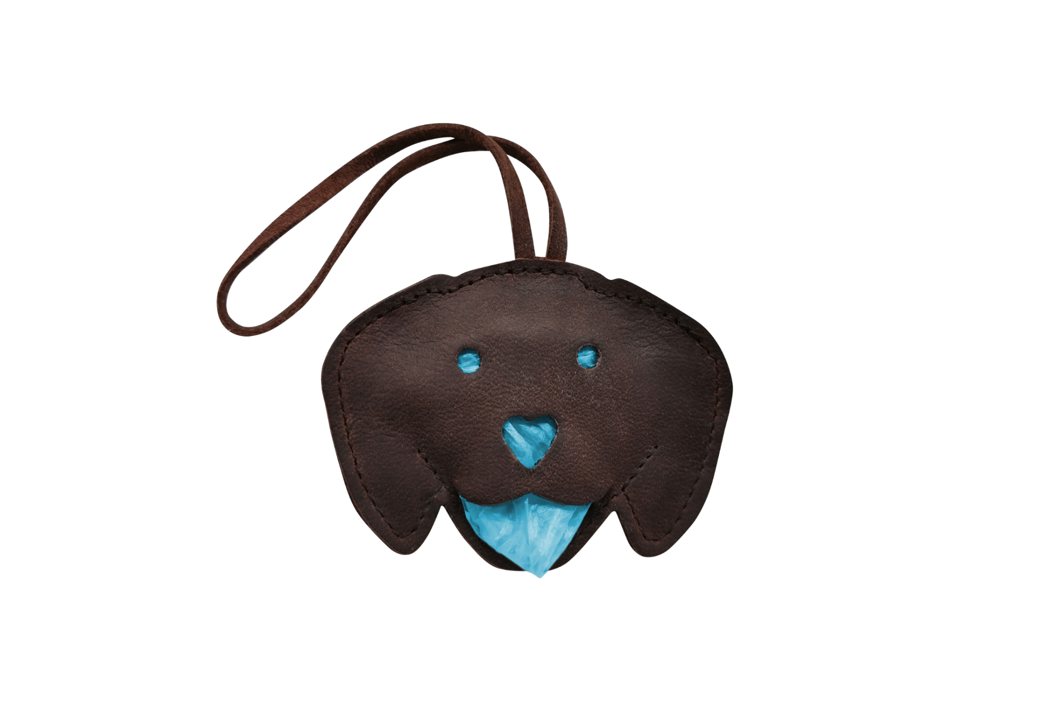 Handgefertigter Leder-Tütchenspender "Gretchen" in Form eines Dackelkopfes, gefüllt mit blauen Kotbeuteln.
