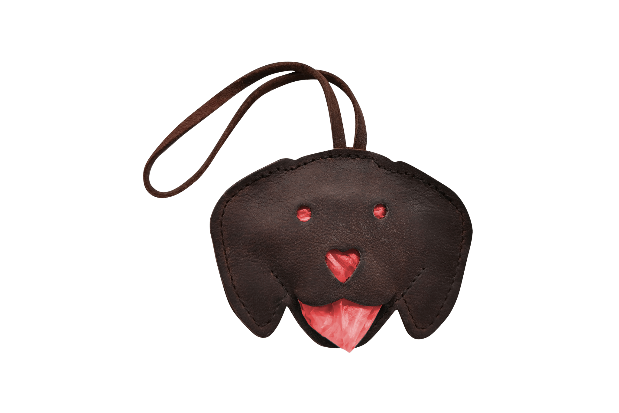 Handgefertigter Leder-Tütchenspender "Gretchen" in Form eines Dackelkopfes, gefüllt mit roten Kotbeuteln.
