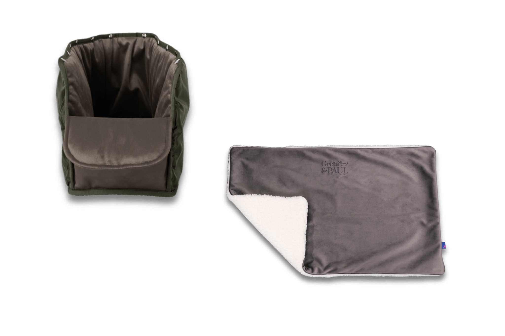 Handgefertigte Greta & PAUL anthrazitfarbene Samt-Flausch Hundedecke mit anthrazitfarbenem XL-Samt-Inlay
