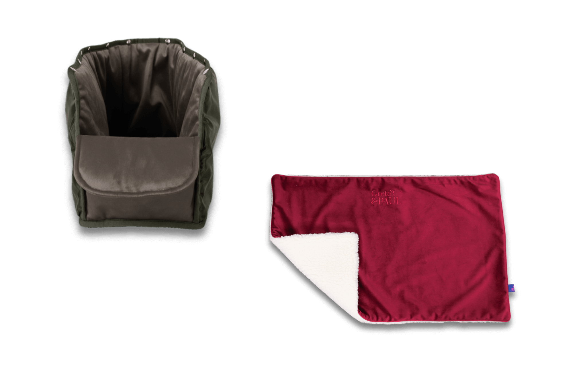 Handgefertigte Greta & PAUL Very-berryfarbene Samt-Flausch Hundedecke mit anthrazitfarbenem XL-Samt-Inlay