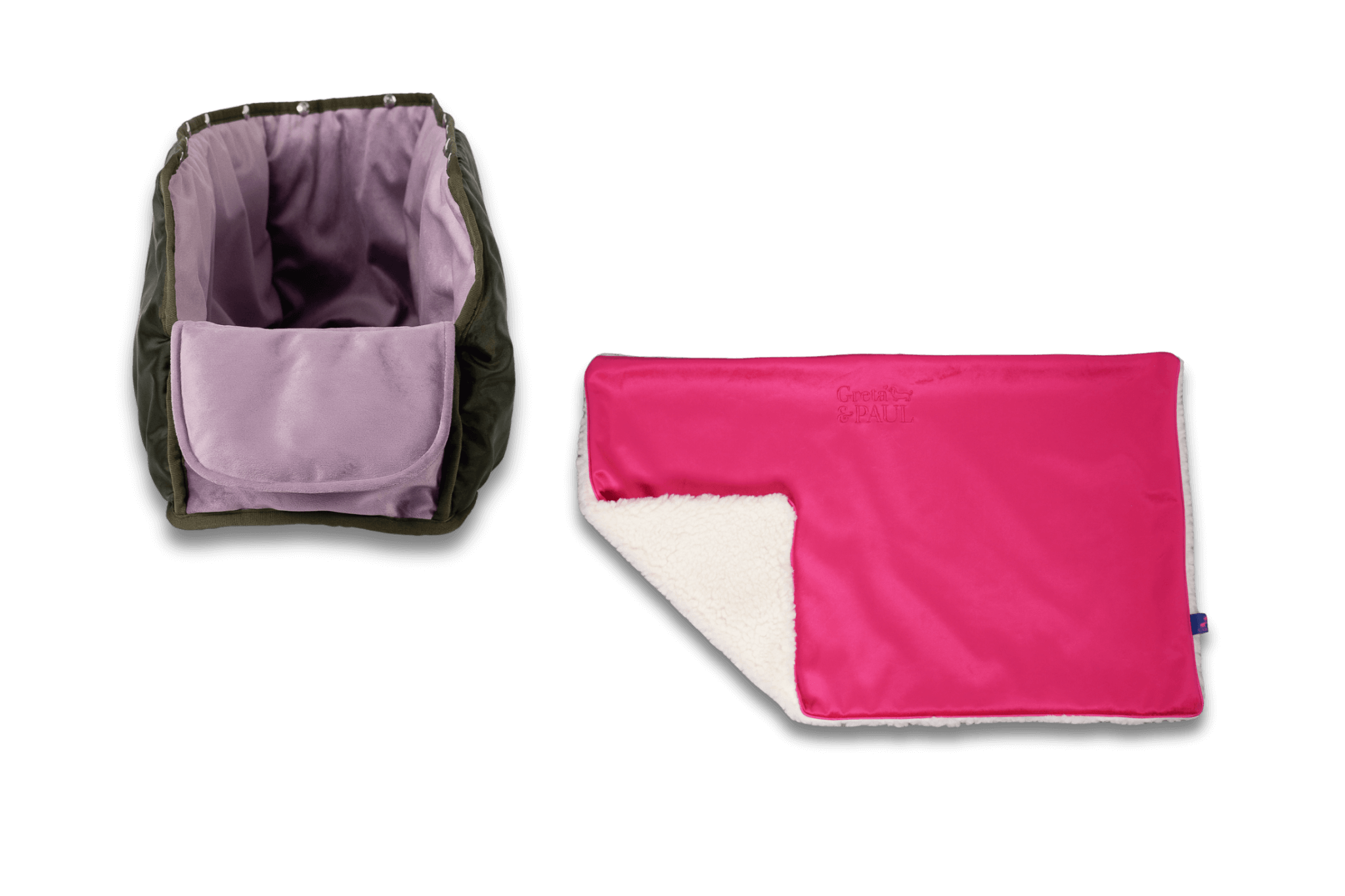 Handgefertigte Greta & PAUL pinke Samt-Flausch Hundedecke mit fliederfarbenem XL-Samt-Inlay
