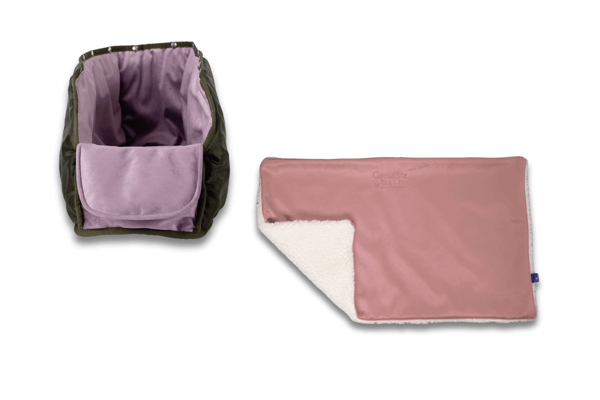 Handgefertigte Greta & PAUL rosafarbene Samt-Flausch Hundedecke mit fliederfarbenem XL-Samt-Inlay