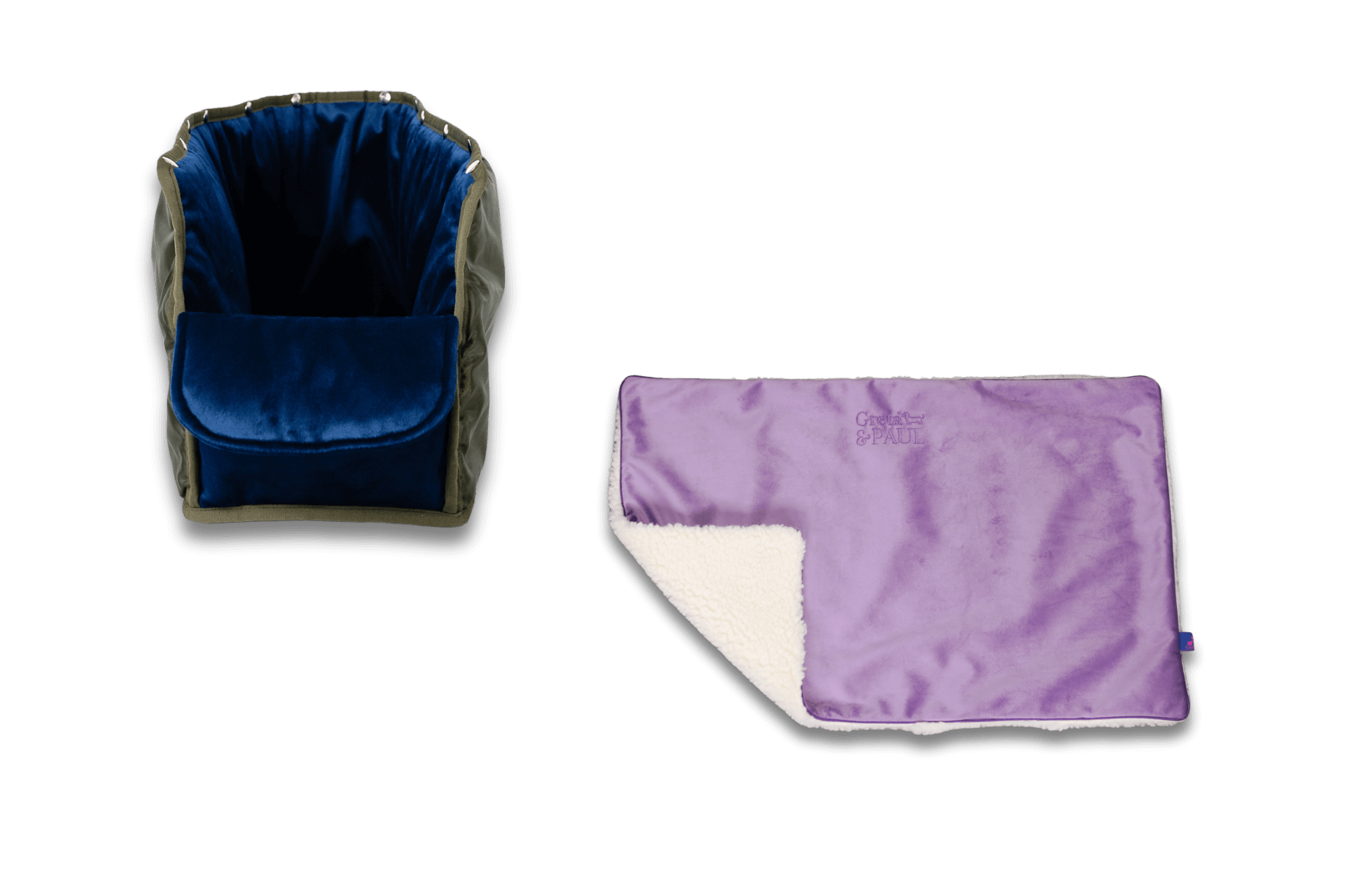 Handgefertigte Greta & PAUL fliederfarbene Samt-Flausch Hundedecke mit königsblauem XL-Samt-Inlay