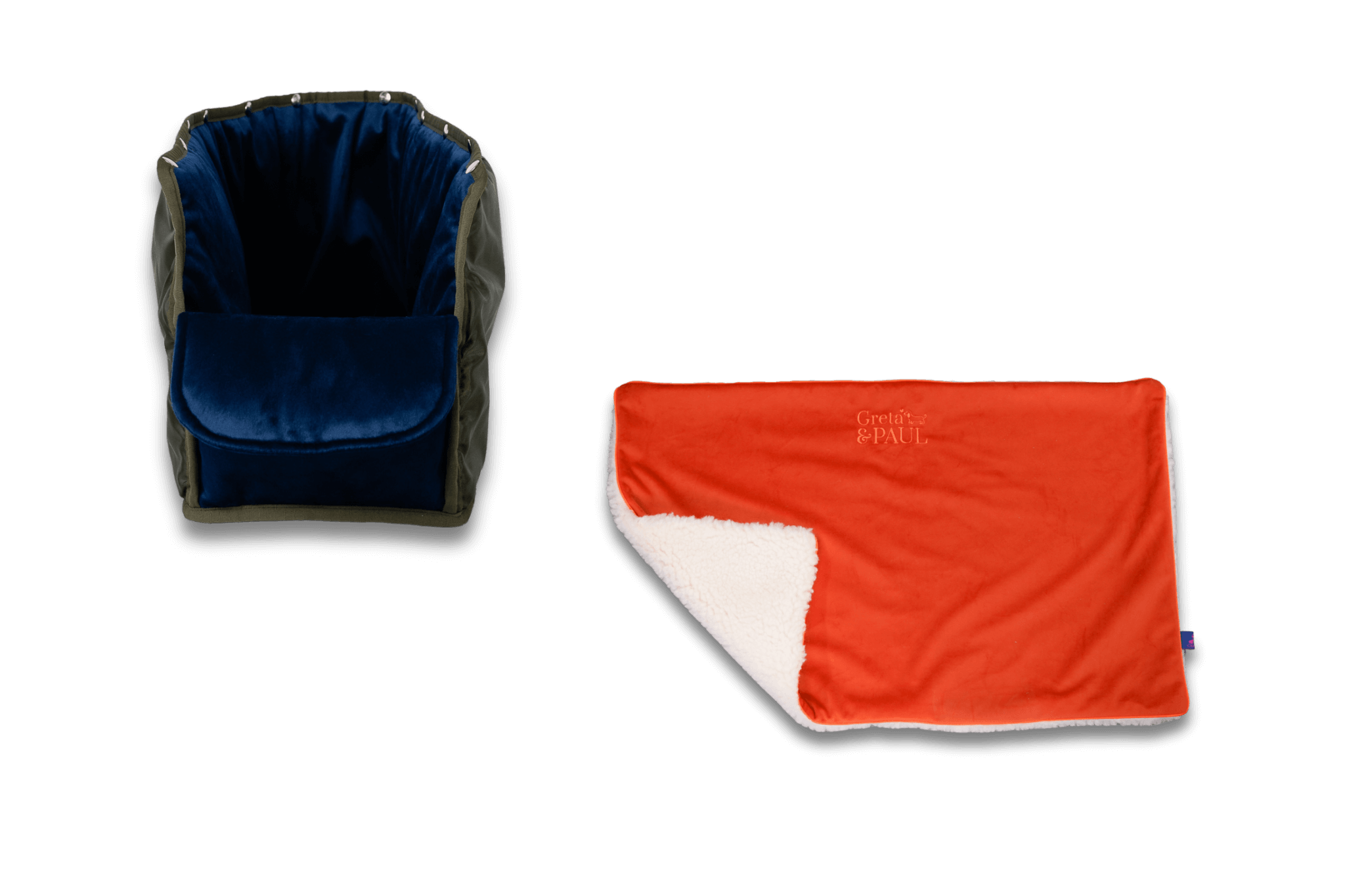 Handgefertigte Greta & PAUL orangefarbene Samt-Flausch Hundedecke mit königsblauem XL-Samt-Inlay