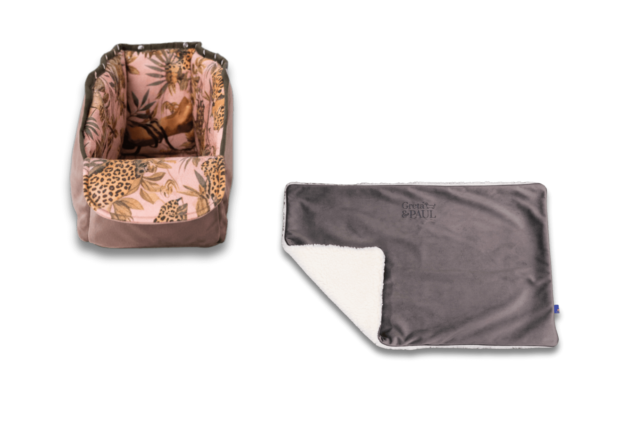 Handgefertigte anthrazitfarbene Hundedecke von Greta & PAUL aus Samt-Flausch mit Pink-Leo Wende-XL-Inlay