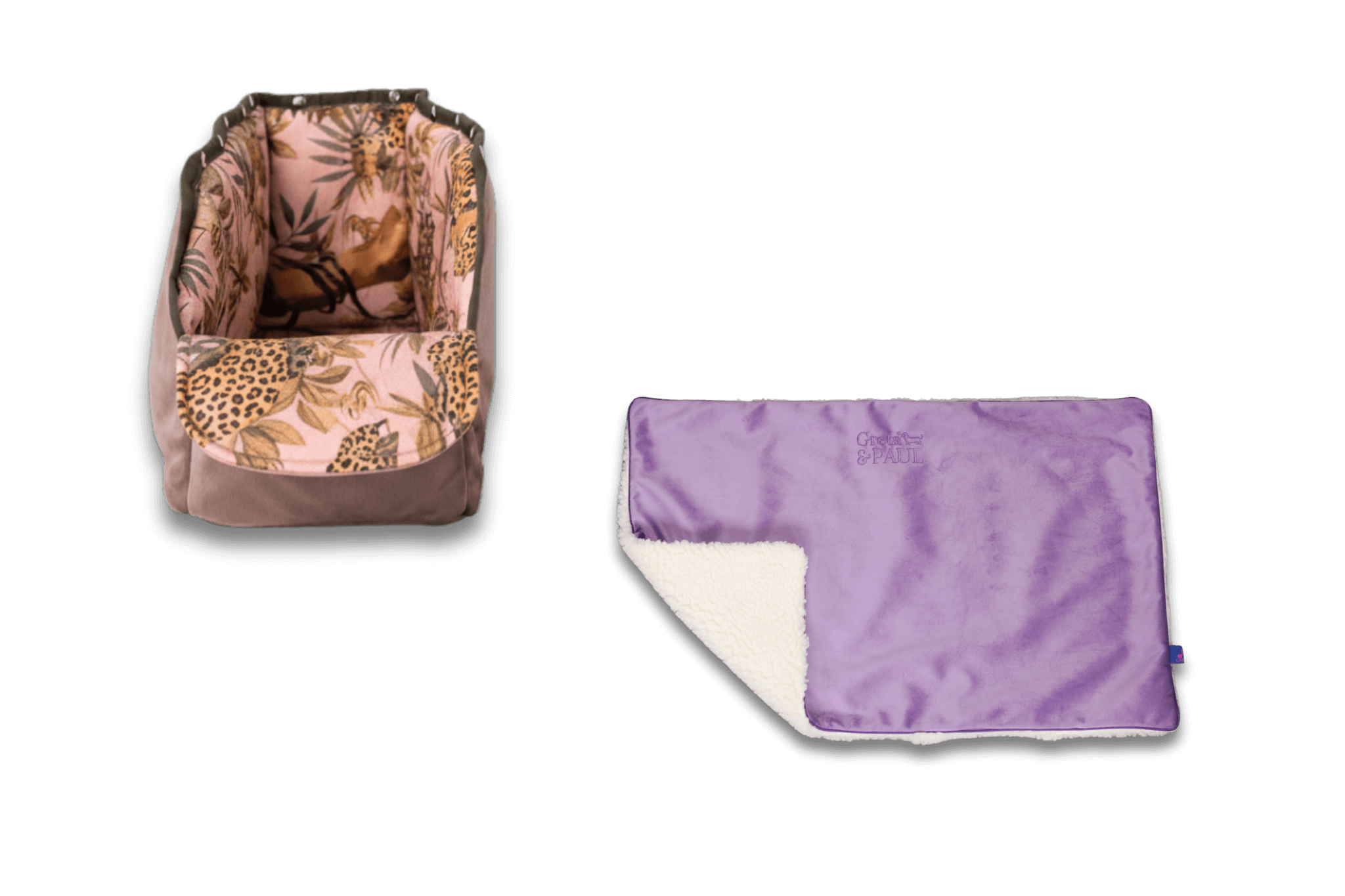 Handgefertigte fliederfarbene Hundedecke von Greta & PAUL aus Samt-Flausch mit Pink-Leo Wende-XL-Inlay