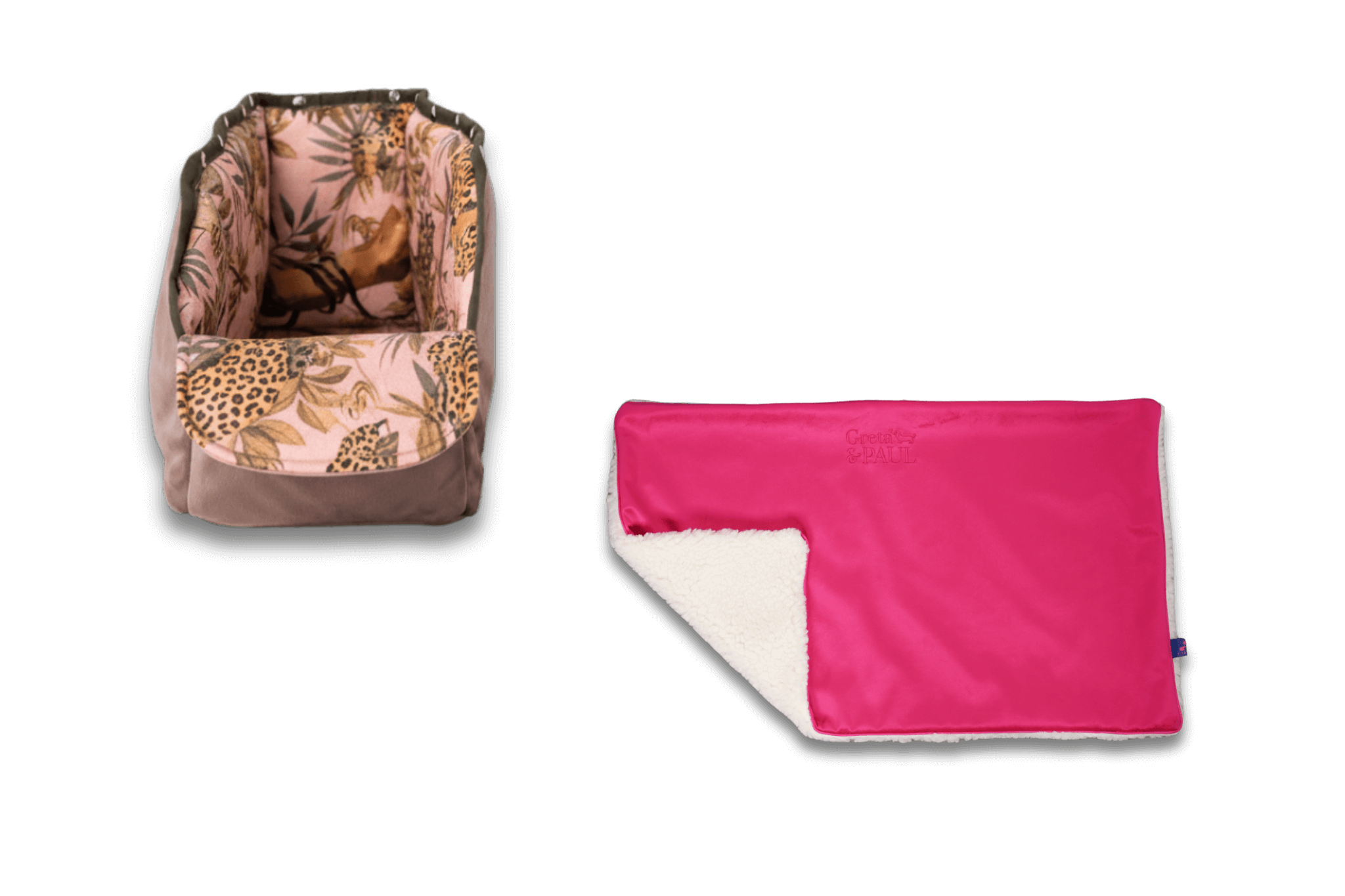 Handgefertigte pinke Hundedecke von Greta & PAUL aus Samt-Flausch mit Pink-Leo Wende-XL-Inlay