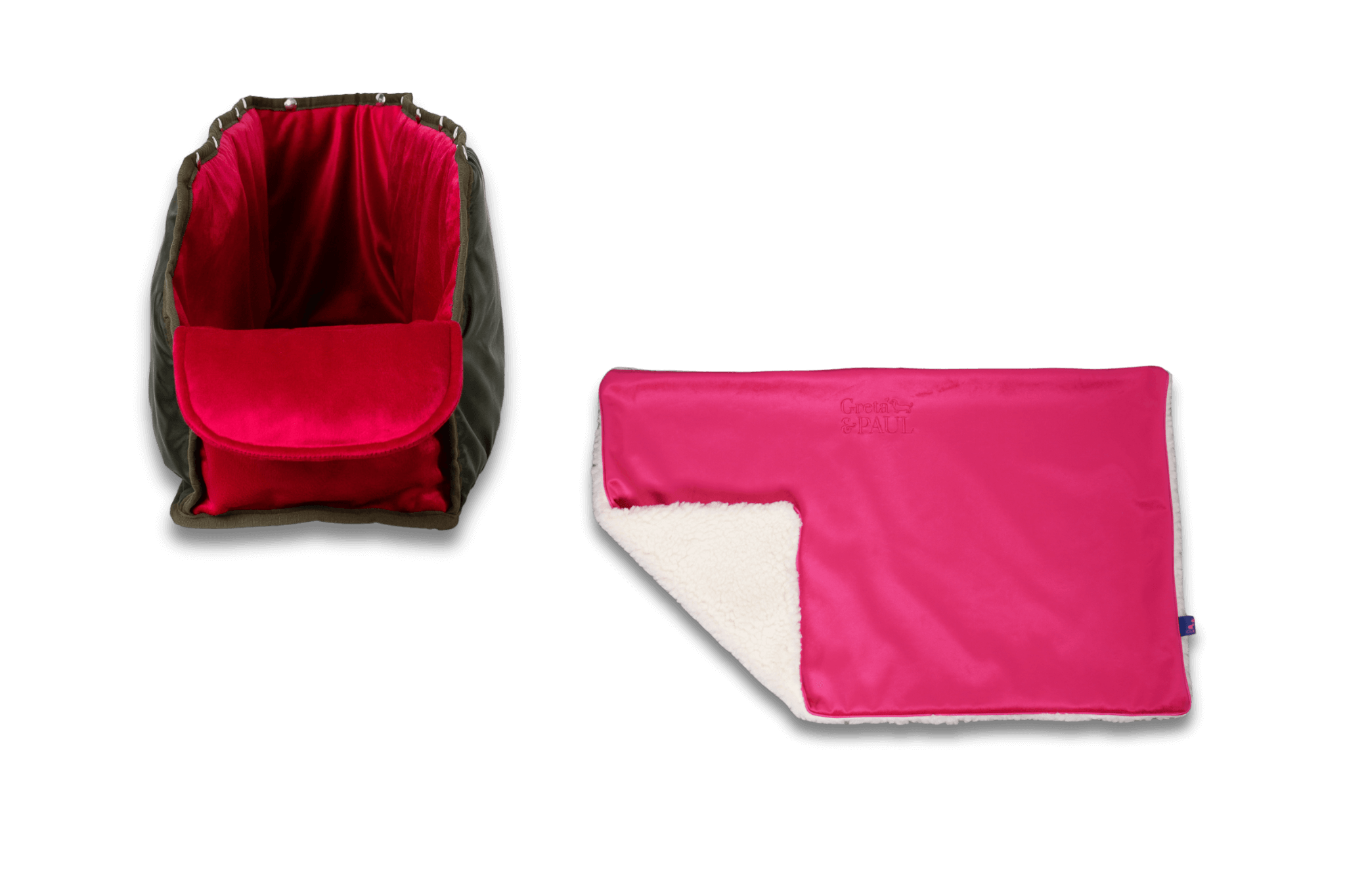 Handgefertigte Greta & PAUL pinke Samt-Flausch Hundedecke mit pinkem XL-Samt-Inlay