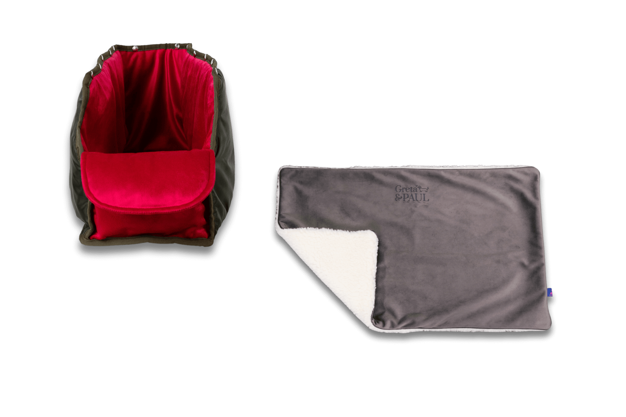 Handgefertigte Greta & PAUL anthrazitfarbene Samt-Flausch Hundedecke mit pinkem XL-Samt-Inlay