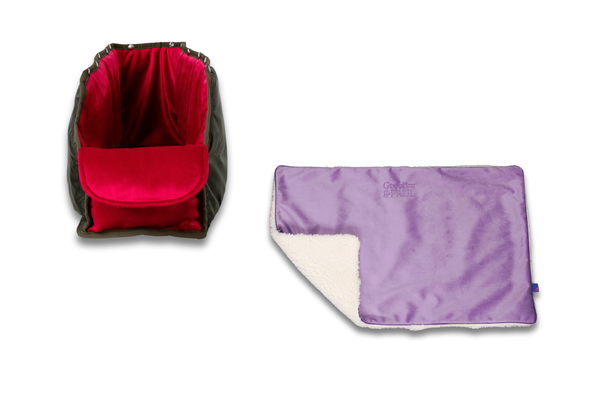 Handgefertigte Greta & PAUL fliederfarbene Samt-Flausch Hundedecke mit pinkem XL-Samt-Inlay