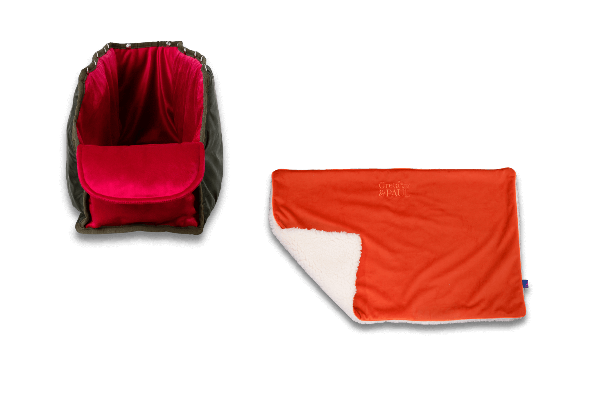 Handgefertigte Greta & PAUL orangefarbene Samt-Flausch Hundedecke mit pinkem XL-Samt-Inlay