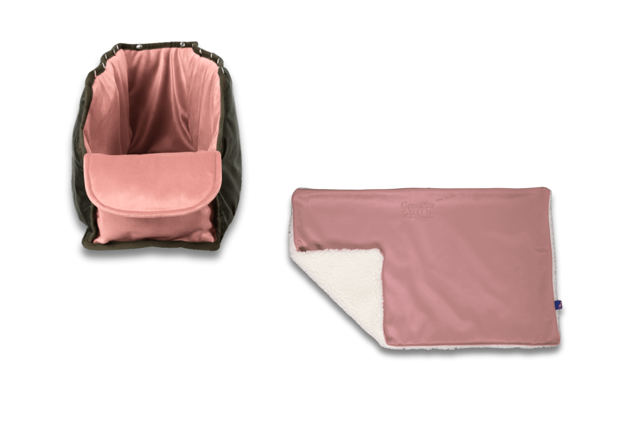 Handgefertigte Greta & PAUL rosafarbene Samt-Flausch Hundedecke mit rosafarbenem XL-Samt-Inlay