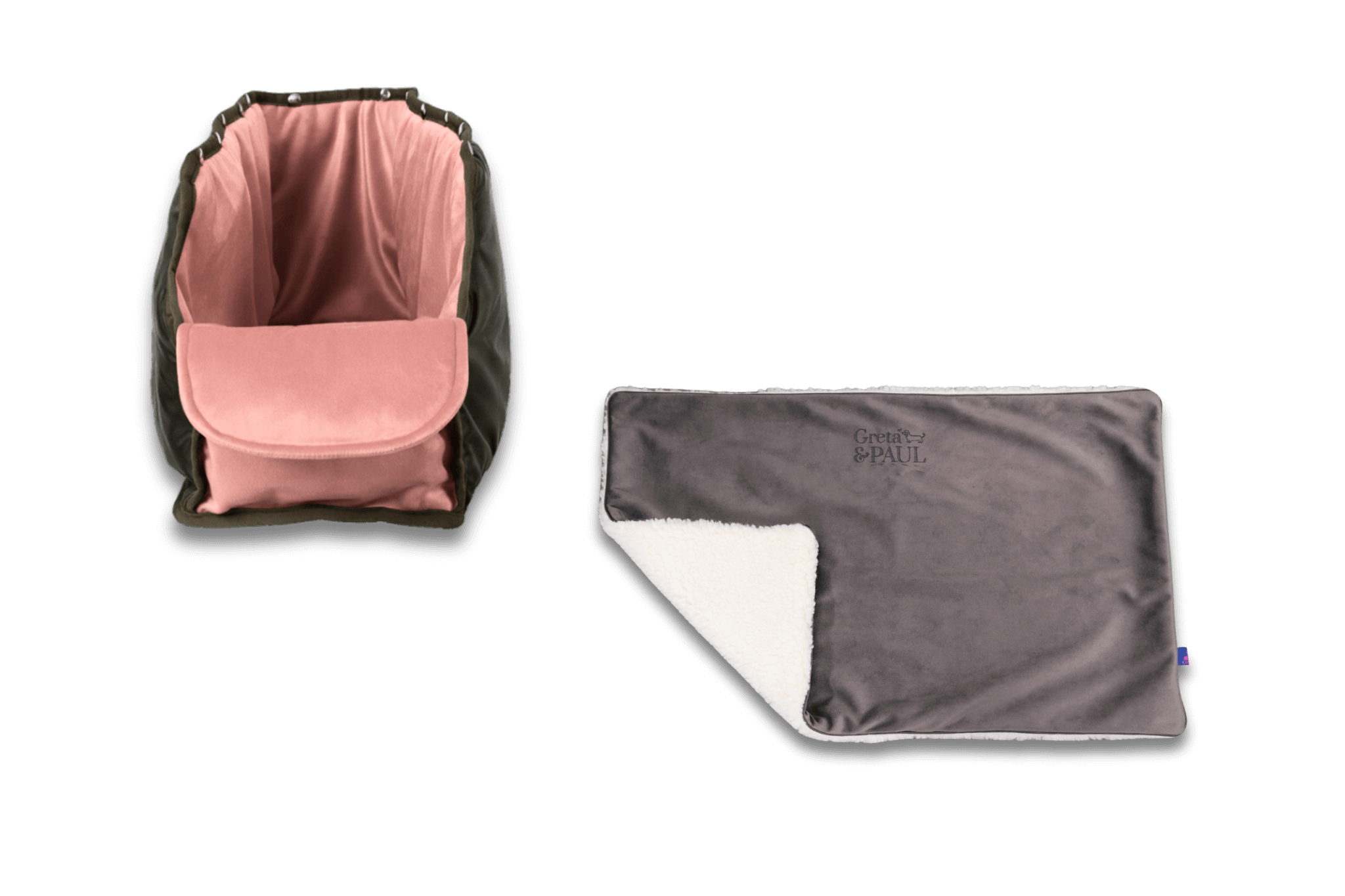 Handgefertigte Greta & PAUL anthrazitfarbene Samt-Flausch Hundedecke mit rosafarbenem XL-Samt-Inlay