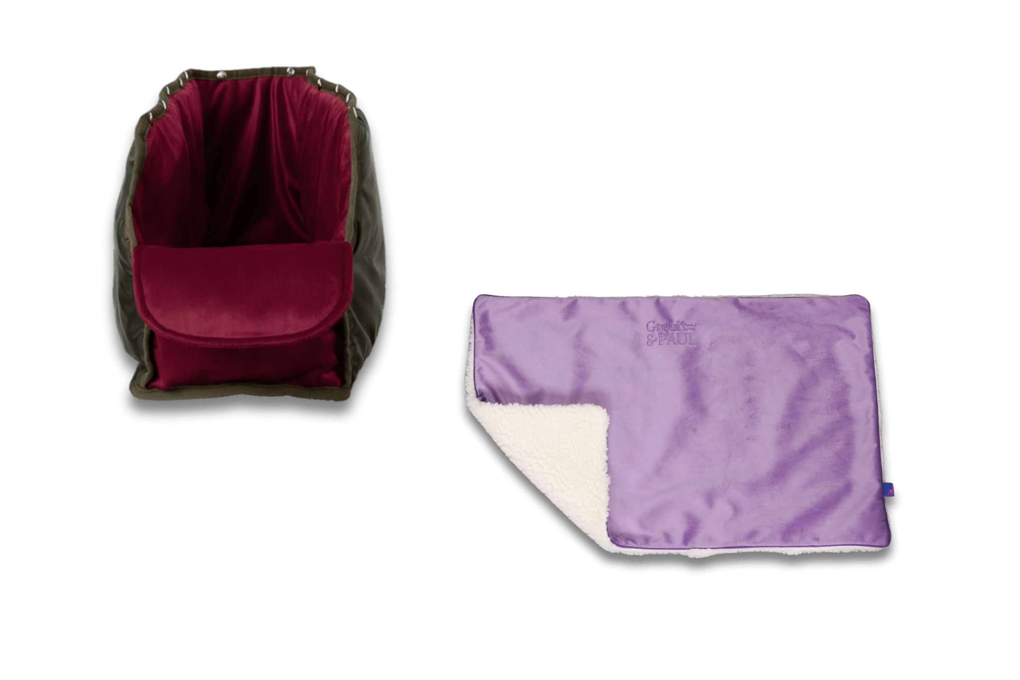 Handgefertigte Greta & PAUL fliederfarbene Samt-Flausch Hundedecke mit Very-berryfarbenem XL-Samt-Inlay