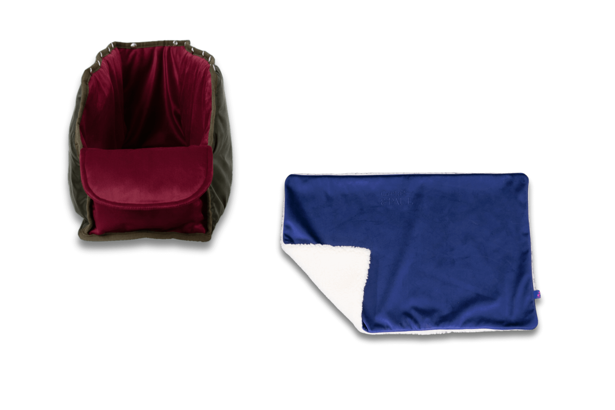 Handgefertigte Greta & PAUL königsblaue Samt-Flausch Hundedecke mit Very-berryfarbenem XL-Samt-Inlay